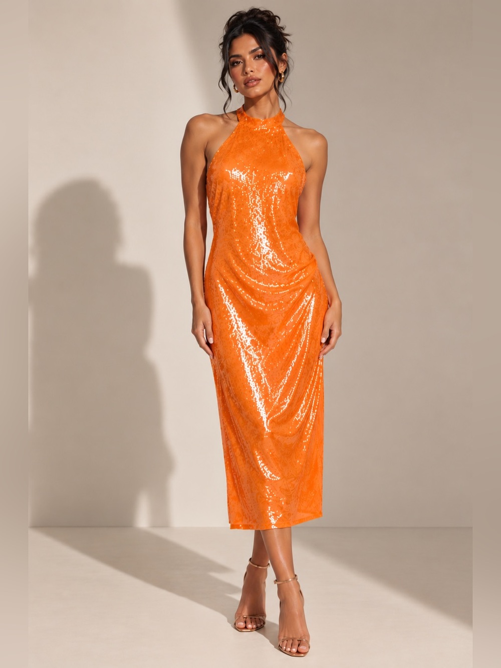 Caroline Constas Orange Sequin Midi Dress Size S